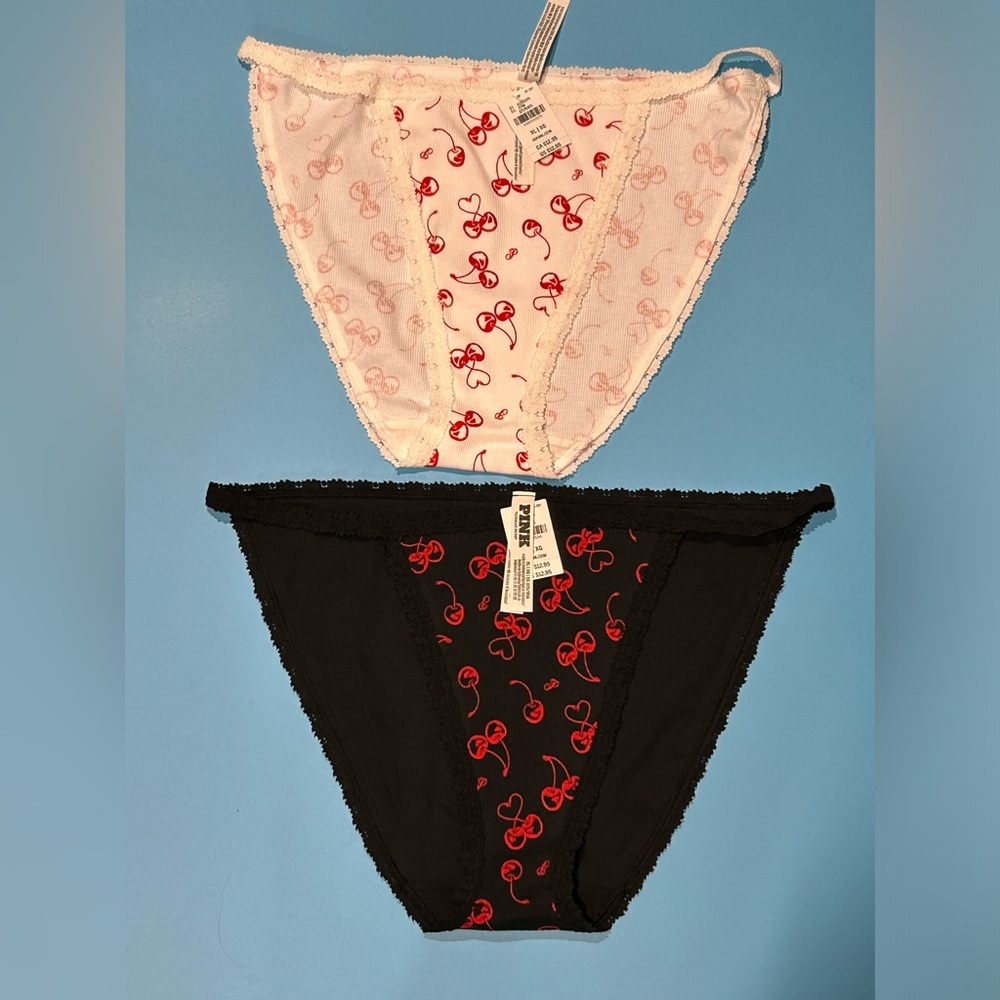 2 PINK Victoria’s Secret Lacy String Bikini‎ Panties XL Cherries Hearts NEW Tags